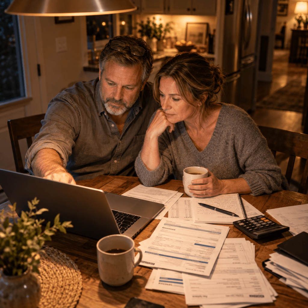couple sitting at table paying bills